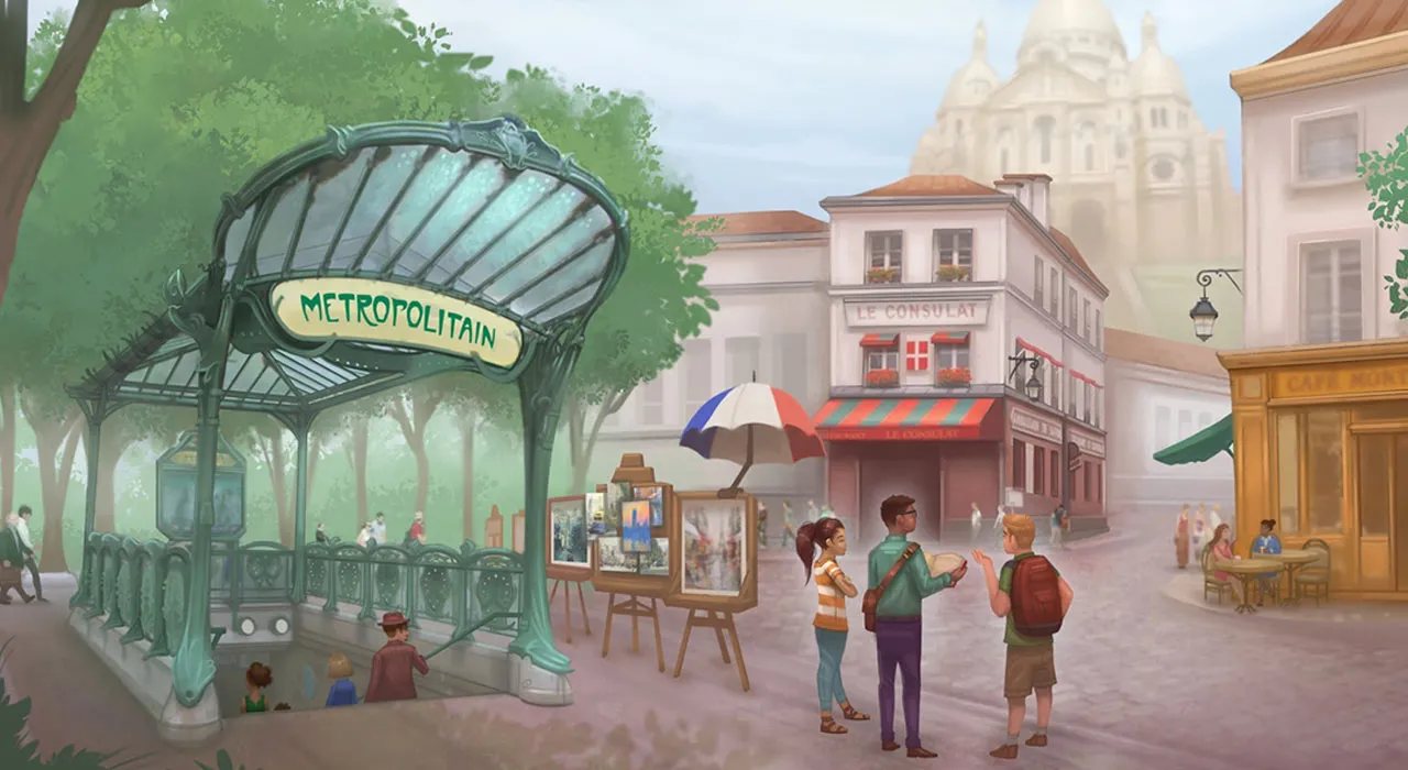 Cover illustration from L'Homme au Chapeau, three friends on a mystery adventure across France