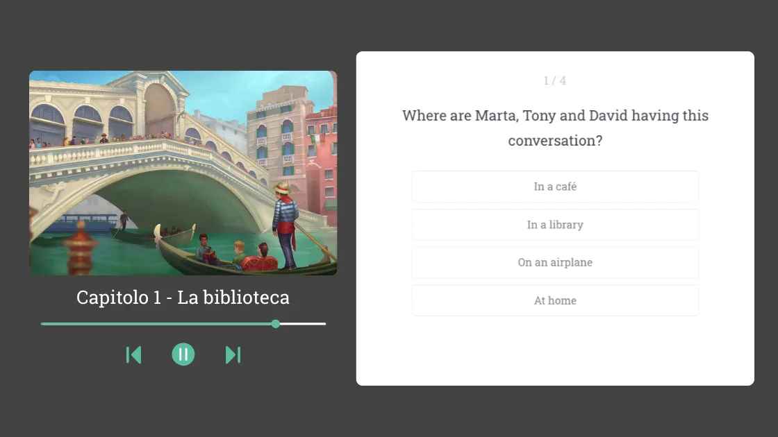 Story comprehension review with illustration and multiple-choice quiz
