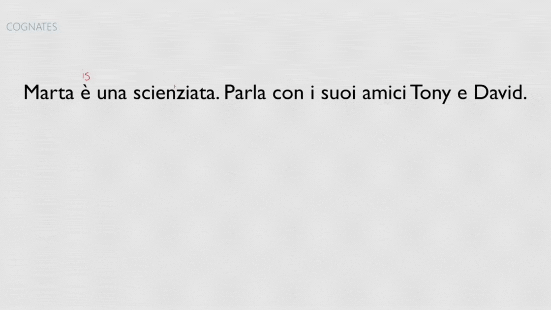 Cognates lesson showing 'scienziata' and 'archeologo', Italian words you already know from English