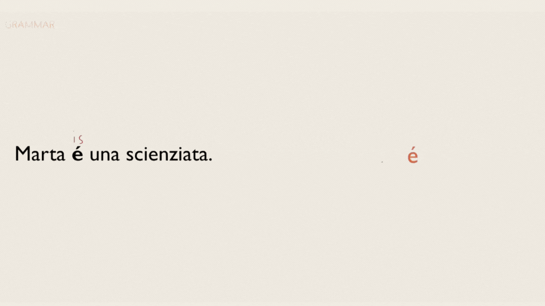 Grammar lesson breaking down an Italian sentence word by word with English translations