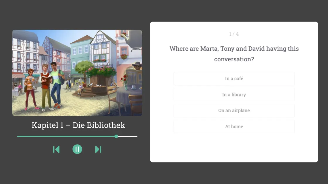 Story comprehension review with illustration and multiple-choice quiz