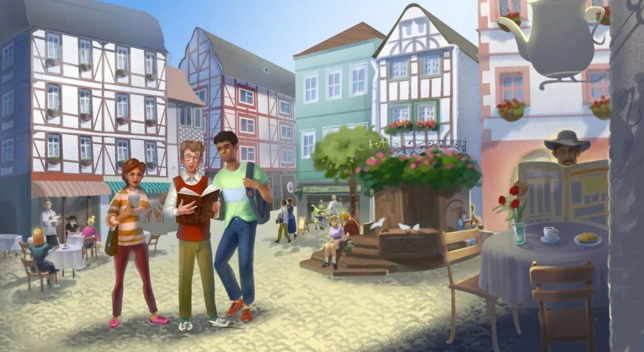 Cover illustration from Der Mann mit dem Hut, three friends on a mystery adventure across Germany