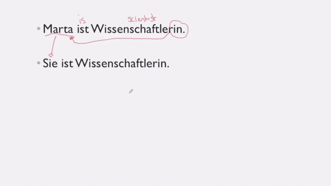 Grammar lesson breaking down a German sentence word by word with English translations