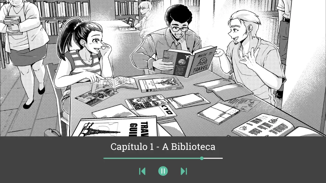 Story illustration from O Homem do Chapéu with audio player — three friends in a Brazilian library
