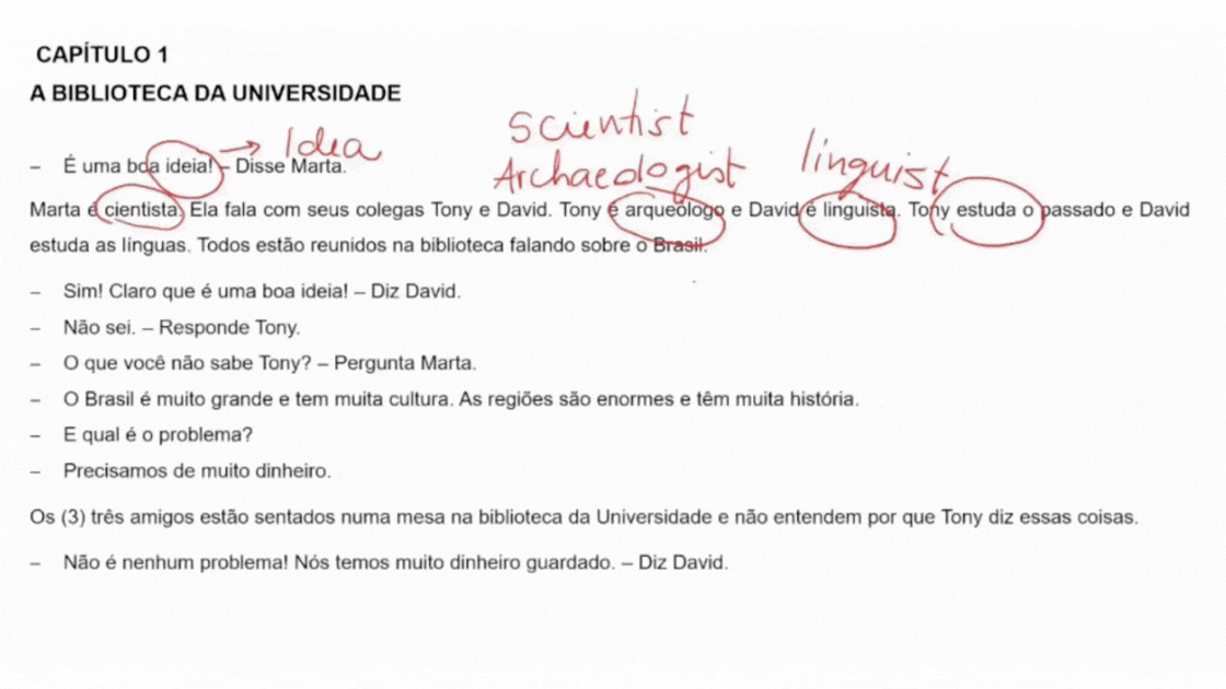Cognates lesson showing 'ideia', 'cientista', and 'cultura' — Portuguese words you already know from English