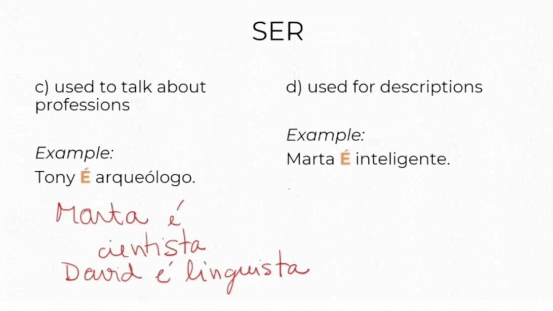 Grammar lesson breaking down a Portuguese sentence word by word with English translations