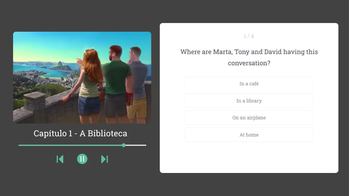 Story comprehension review with illustration and multiple-choice quiz
