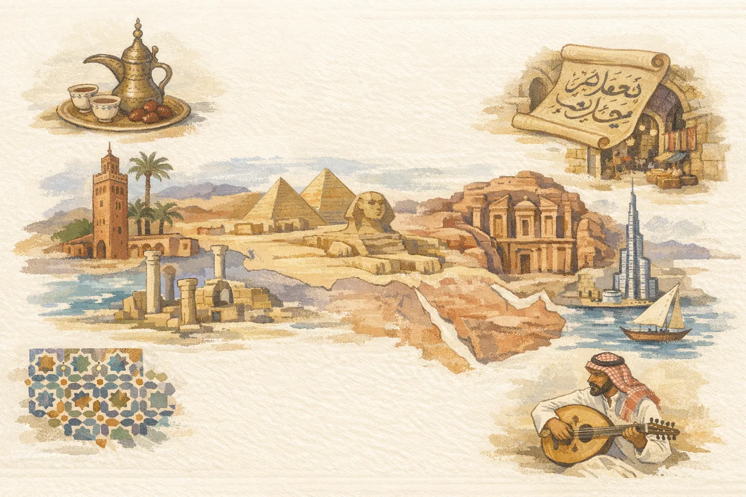 Cultural lesson exploring the Arabic-speaking world, its calligraphy, hospitality traditions, and rich heritage