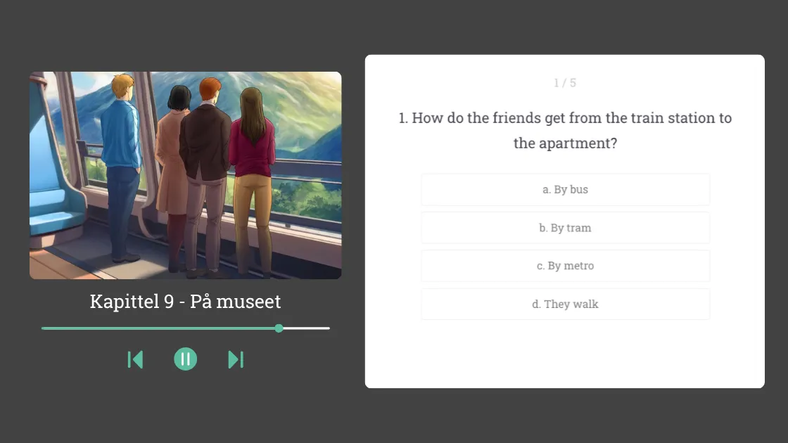 Story comprehension review with illustration and multiple-choice quiz