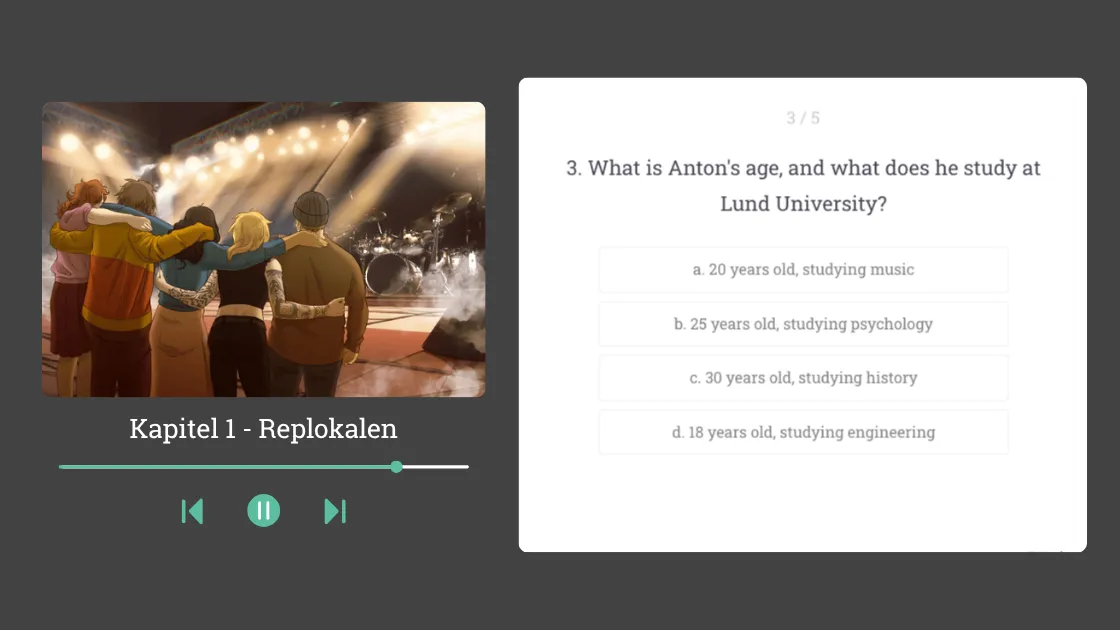 Story comprehension review with illustration and multiple-choice quiz