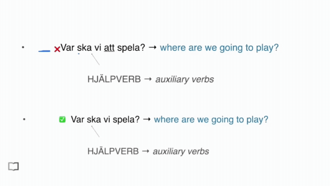 Grammar lesson breaking down a Swedish sentence word by word with English translations