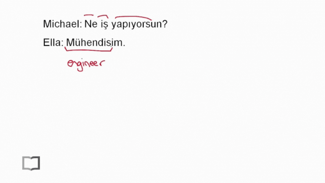 Grammar lesson breaking down a Turkish sentence word by word with English translations