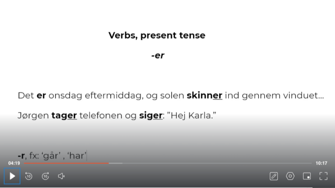 Grammar lesson breaking down a Danish sentence word by word with English translations