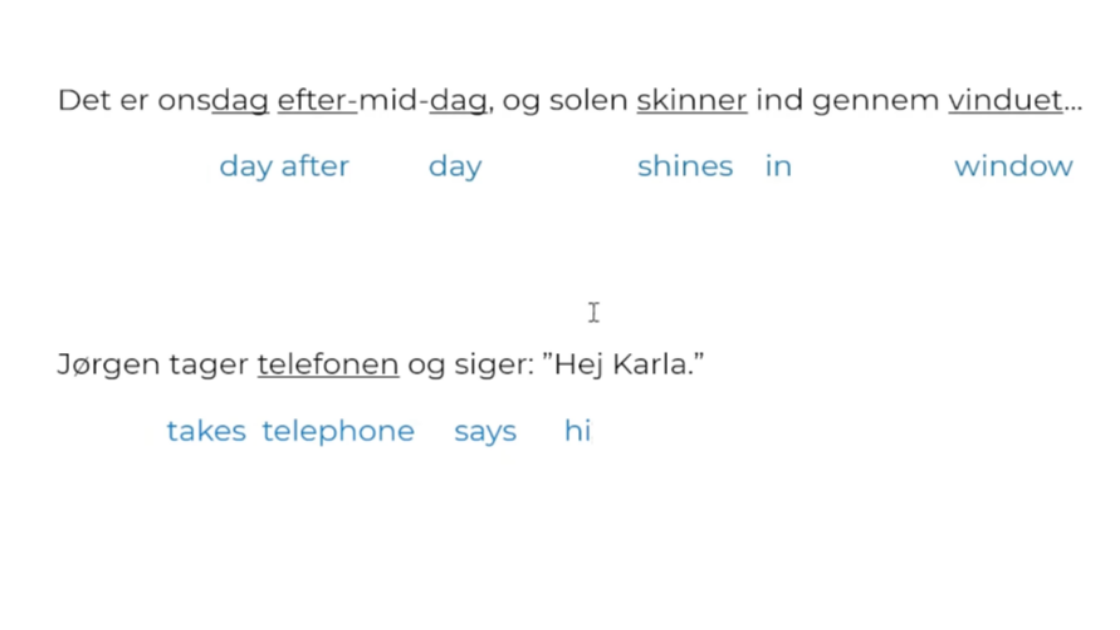 Cognates lesson showing Danish words you can guess from English, like 'Musik', 'Telefon', and 'Natur'