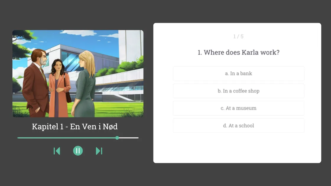 Story comprehension review with illustration and multiple-choice quiz