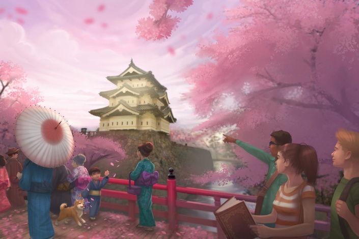 Cover illustration from Samurai no Takara, a mystery adventure following Alex, Chloe, and Tadashi from Tokyo to Kyoto