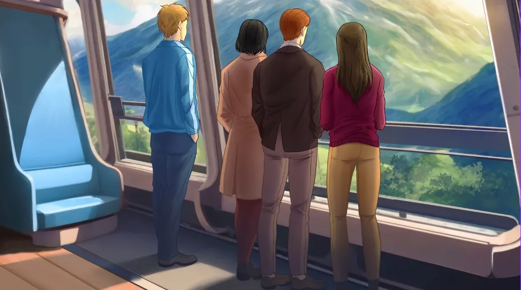 Cover illustration from På Sporet Av Forandring, four strangers in Bergen drawn together by a search for a long-lost father