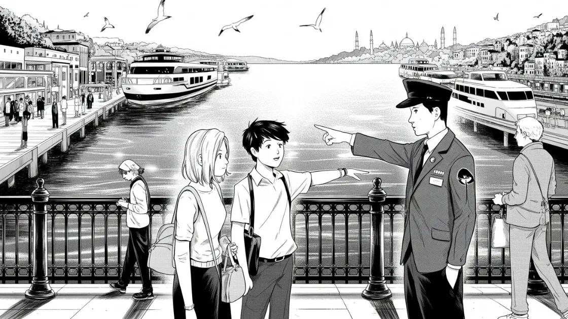 Story illustration from Gizemli Saat with audio player. Ella and Michael learning Turkish in London