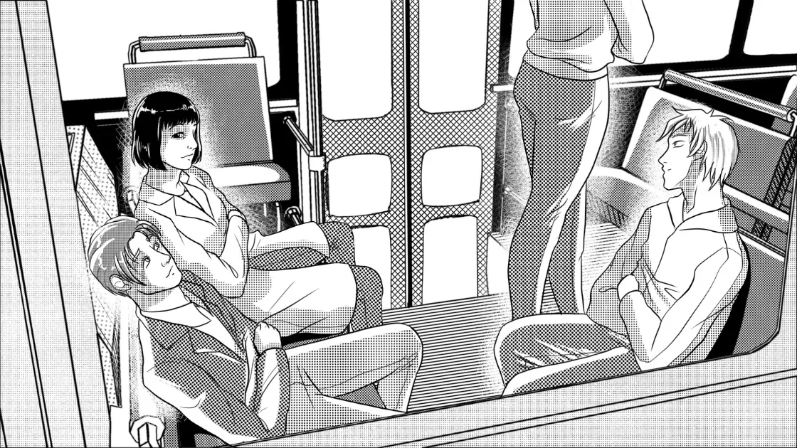 Story illustration from På Sporet Av Forandring with audio player, four strangers on a stalled Fløibanen funicular above Bergen