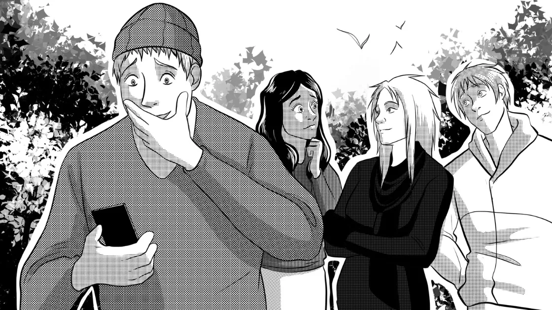 Story illustration from Ljudvågornas Första Spelning with audio player, four band friends rehearsing in a school basement in Lund