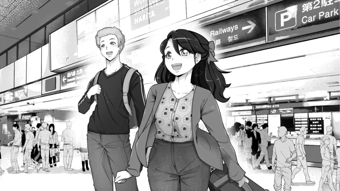Story illustration from Samurai no Takara with audio player. Alex, Chloe, and Tadashi meeting at Narita Airport in Tokyo