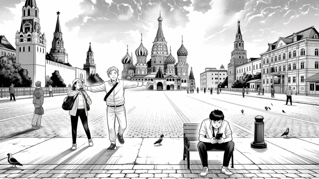 Story illustration from Ulitsa Lenina, Dom 10 with audio player, three friends arriving at Sheremetyevo Airport in Moscow