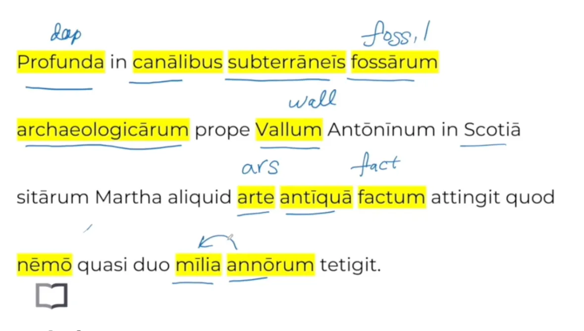 Cognates lesson highlighting words like profunda, subterrāneīs, archaeologicārum, vallum and factum