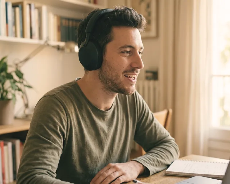 A learner speaking confidently with a headset
