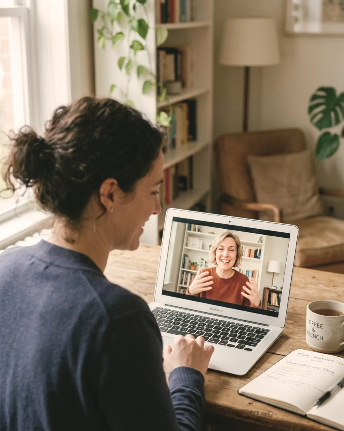A native-speaker coach and a learner on a friendly video call