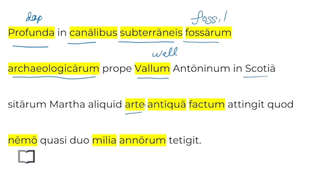Cognates lesson highlighting Latin words like profunda, subterrāneīs, vallum and factum that you can guess from English