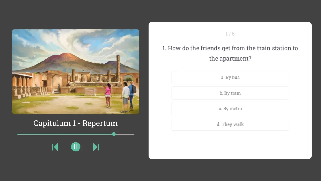 Story comprehension review with illustration and multiple-choice quiz
