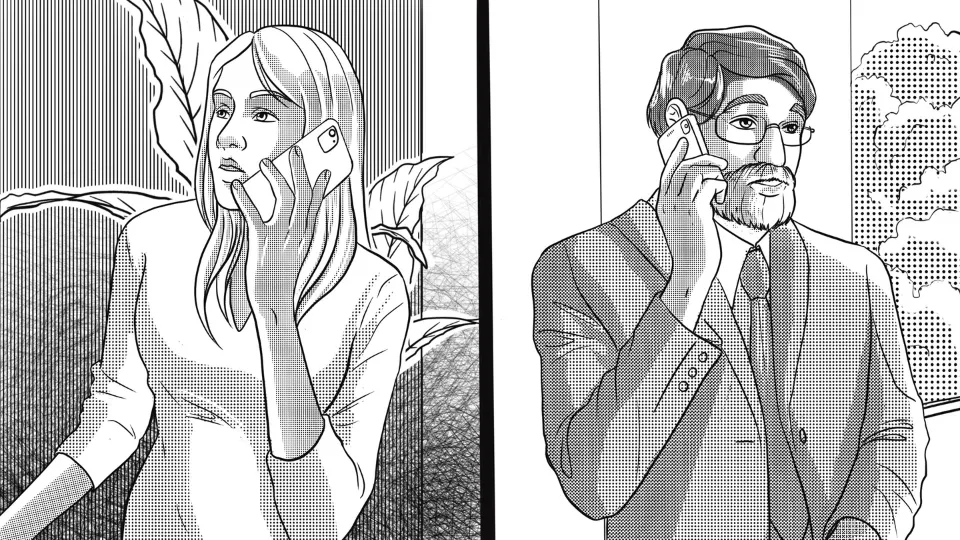 Story illustration from Karla Og Det Falske Maleri with audio player, a Copenhagen teacher answering a phone call from his friend Karla