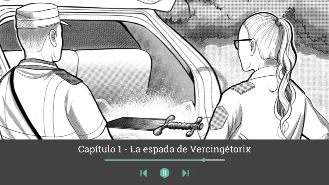 Story illustration from La Espada Robada with audio player, a detective scene in Madrid
