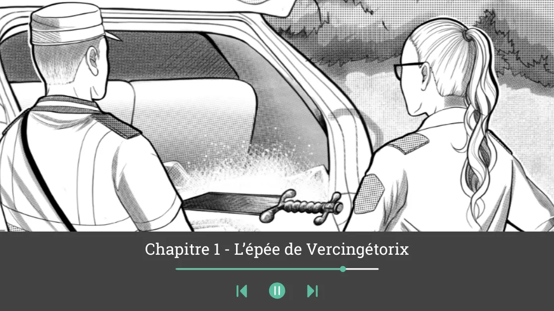 Story illustration from L’épée Volée with audio player, a detective scene in Montpellier