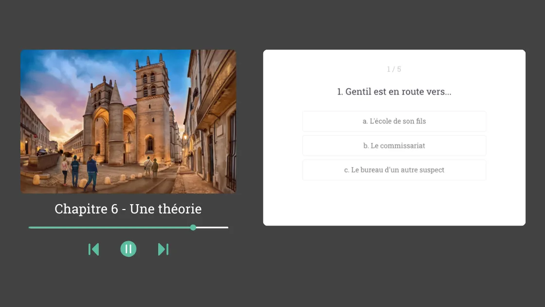 Story comprehension review with illustration and multiple-choice quiz