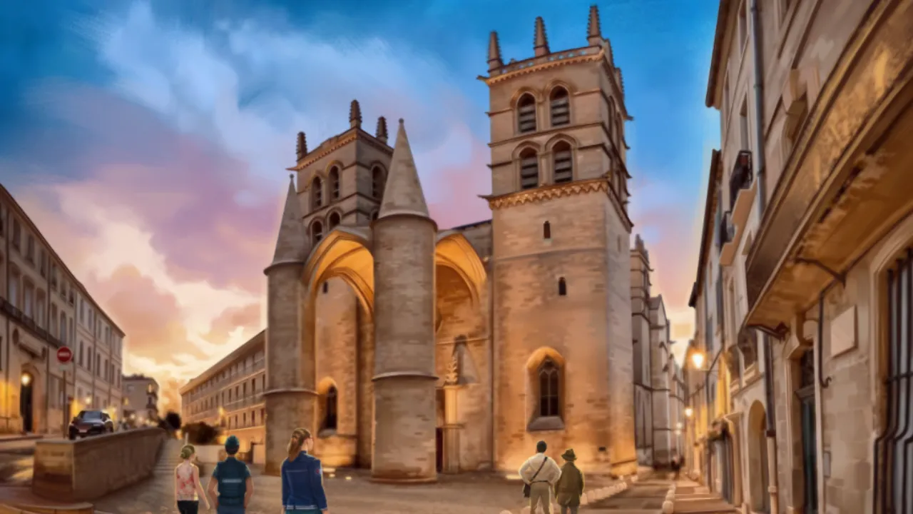 Inspector Gentil and Martin in Montpellier, a scene from the French Uncovered Intermediate story L’épée Volée