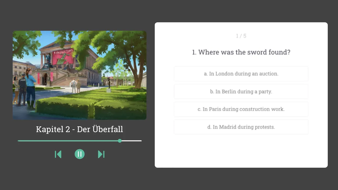Story comprehension review with illustration and multiple-choice quiz