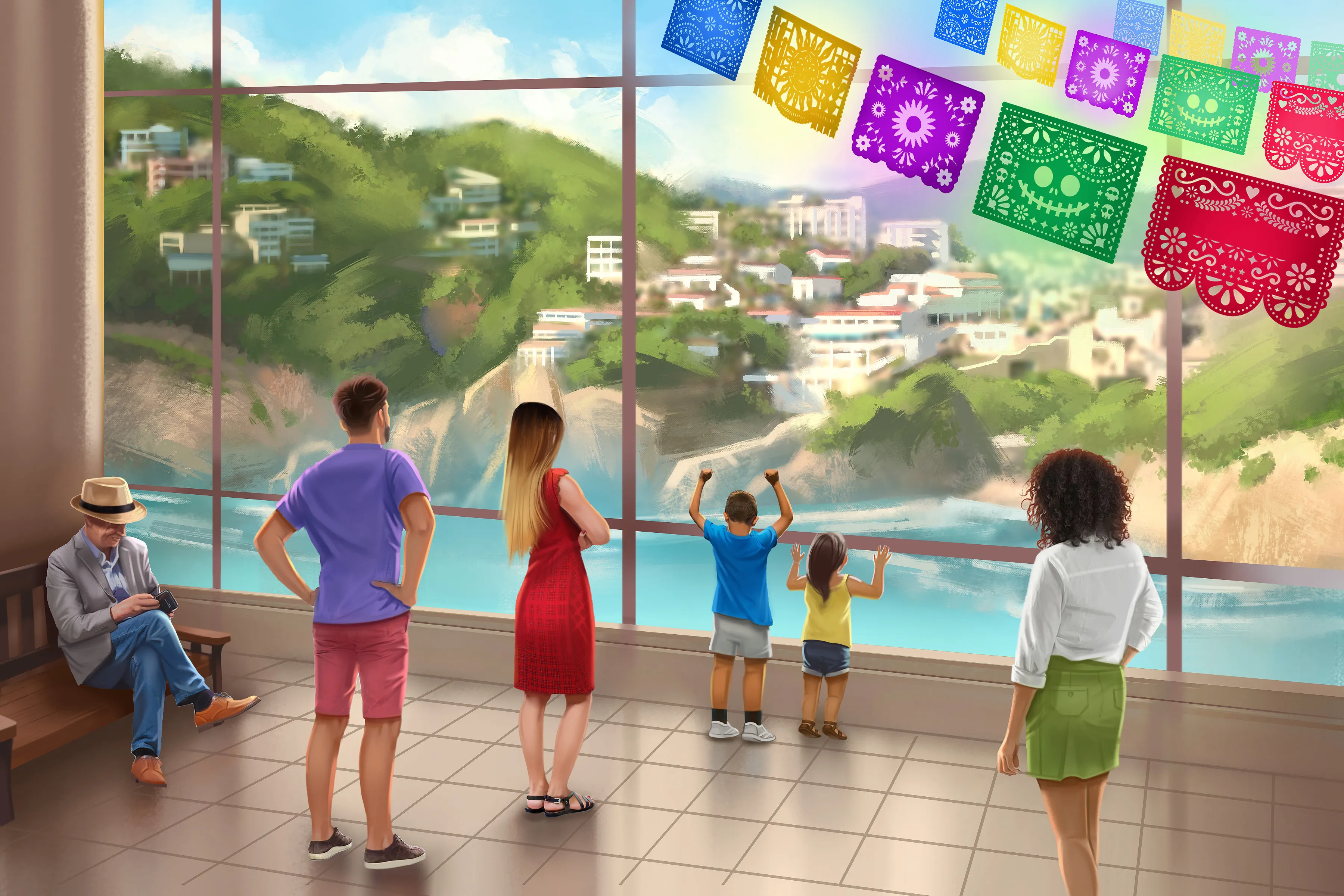 Camila and Lucía at the Plaza del Mar in Acapulco, a scene from the Spanish Uncovered Advanced story Atrapados en el Plaza del Mar