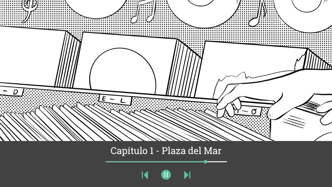 Story illustration from Atrapados en el Plaza del Mar with audio player, a market scene in Acapulco