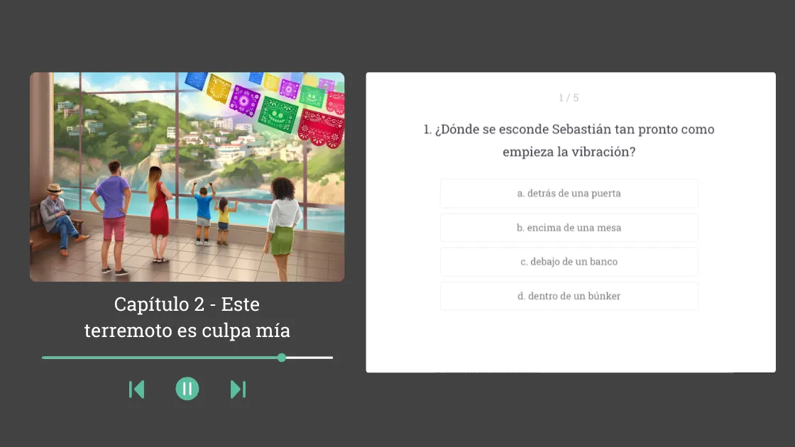 Story comprehension review with illustration and multiple-choice quiz