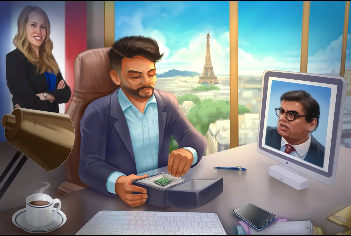 Raphaël Dubois at his desk in Paris, a scene from the French Uncovered Advanced story Les coulisses du pouvoir