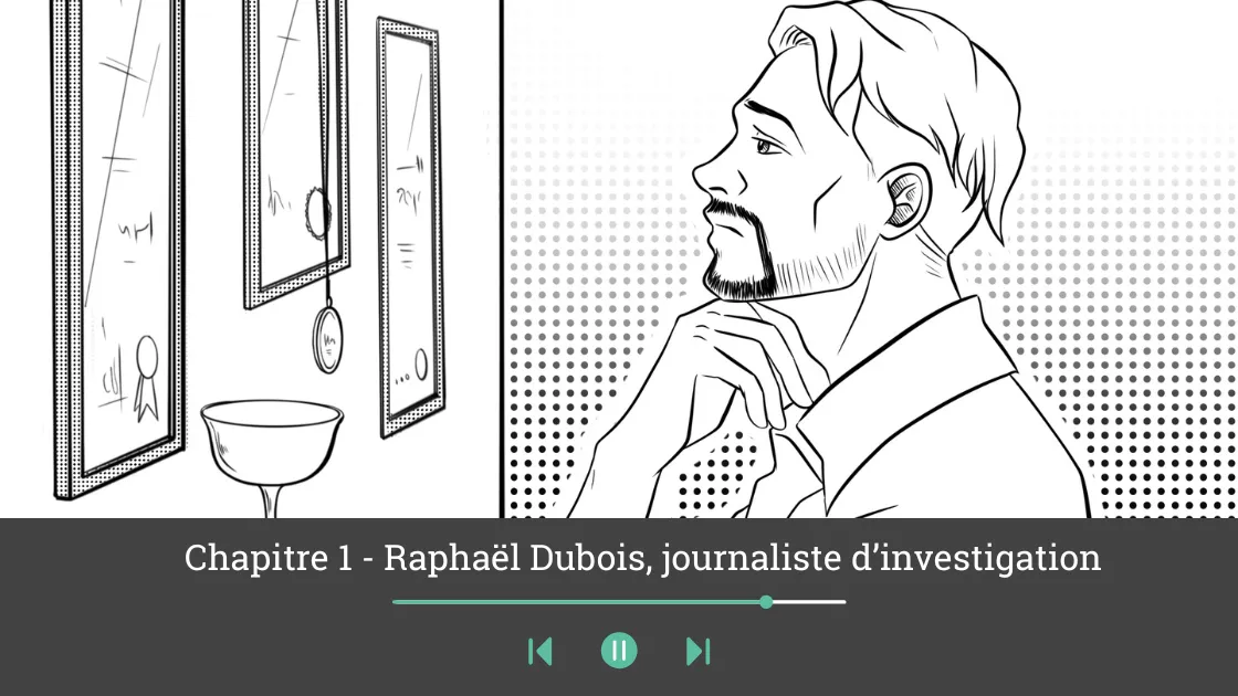 Story illustration from Les coulisses du pouvoir with audio player, a journalist at his desk in Paris