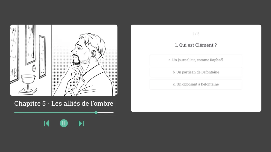 Story comprehension review with illustration and multiple-choice quiz