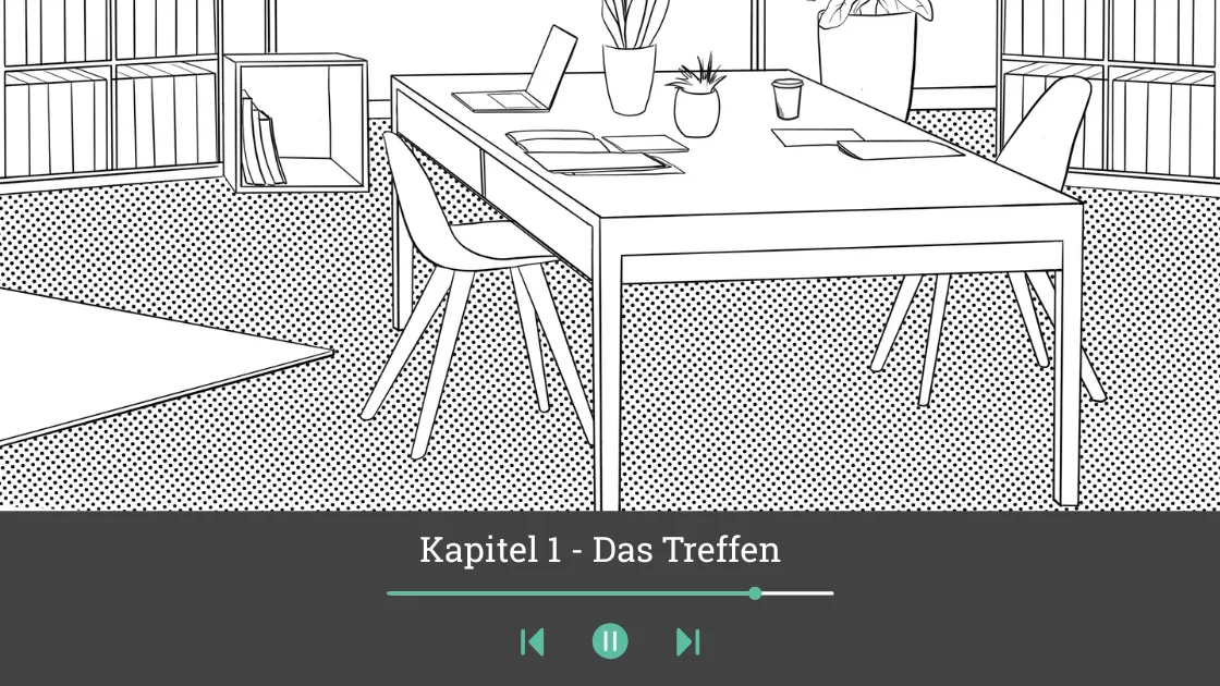 Story illustration from Smart Farm with audio player, a farm scene in the German countryside