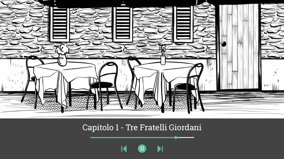Story illustration from Tre Fratelli Giordani with audio player, a seaside scene in Aqaba