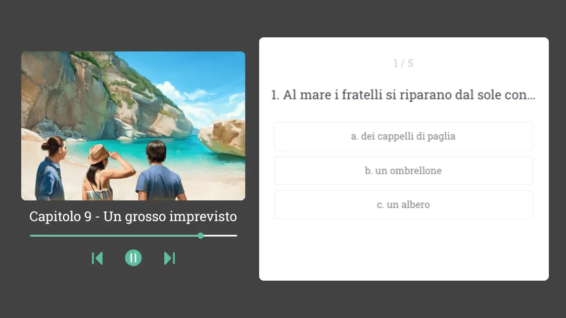 Story comprehension review with illustration and multiple-choice quiz