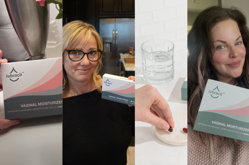 Four women holding a white device, one with red light, in a collage format.