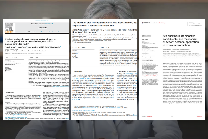 Three scientific articles on vaginal health and treatments displayed side by side.